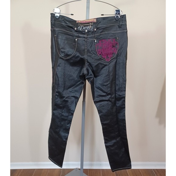 Dereon Skinny Pants Jeans Black Shiny Smooth Embroidered Women US 14W NWT - Picture 3 of 9